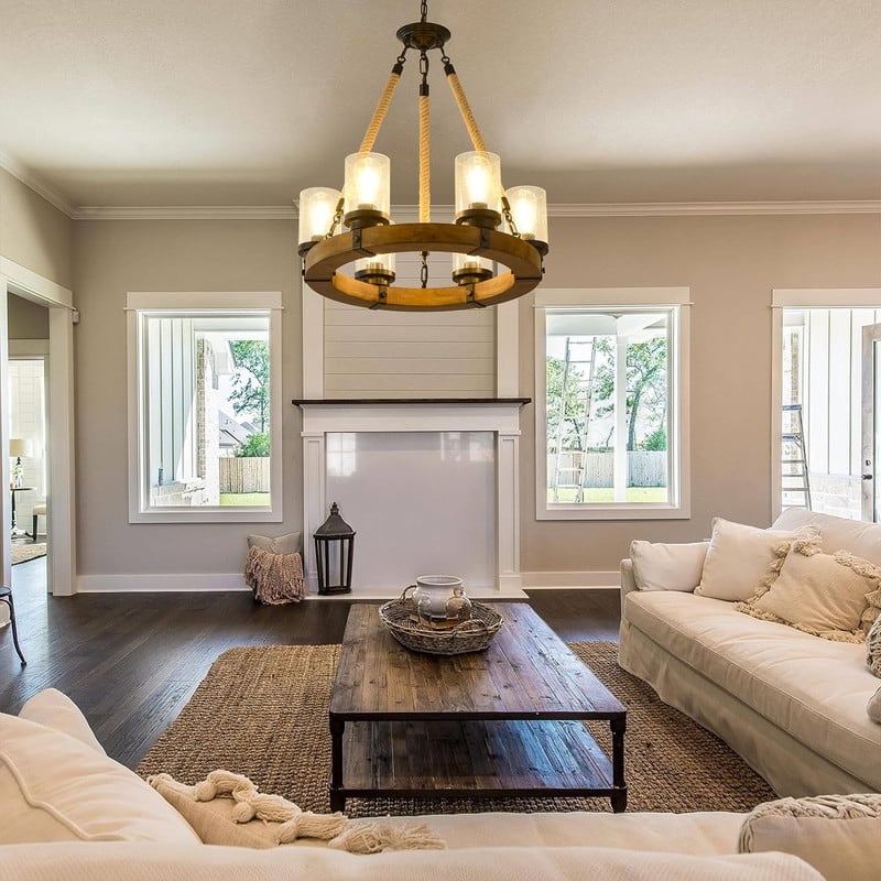 Farmhouse Wagon Wheel Chandelier,6 Light Round Wagon Wheel Chandelier - 25” in diameter x 27”