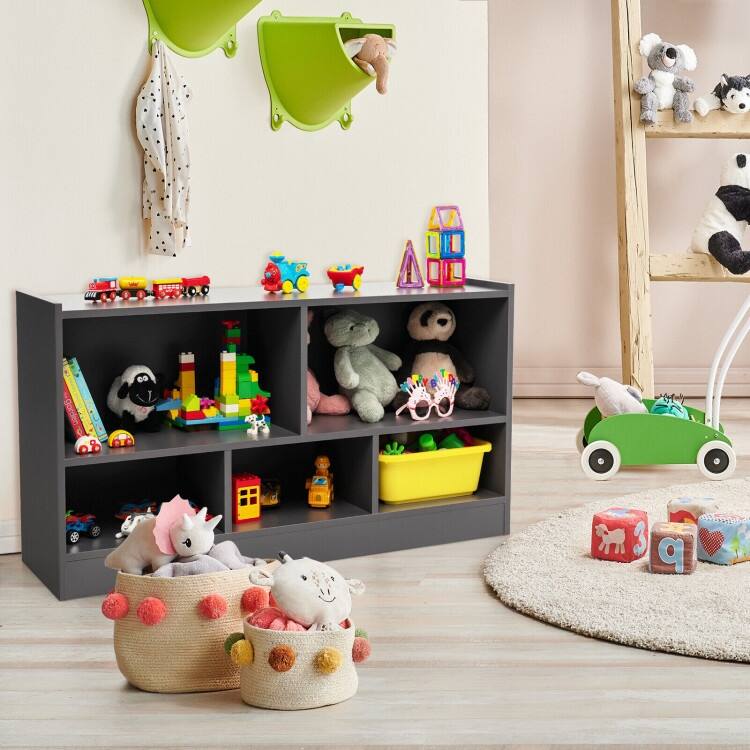 Children's Wooden Toy Storage Cabinet with 2 Shelves and 5 Cubes - 44" x 12" x 24" (L x W x H)