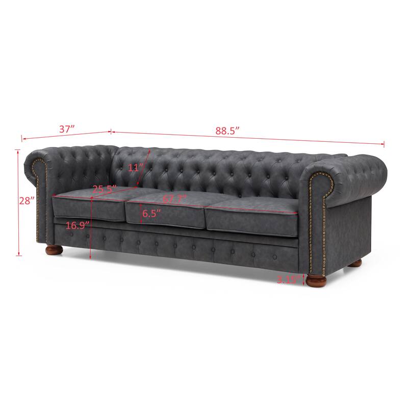 Vintage Faux Leather Chesterfield Sofa - Durable 3-Seater with Solid Wood Frame and Bronze Nails