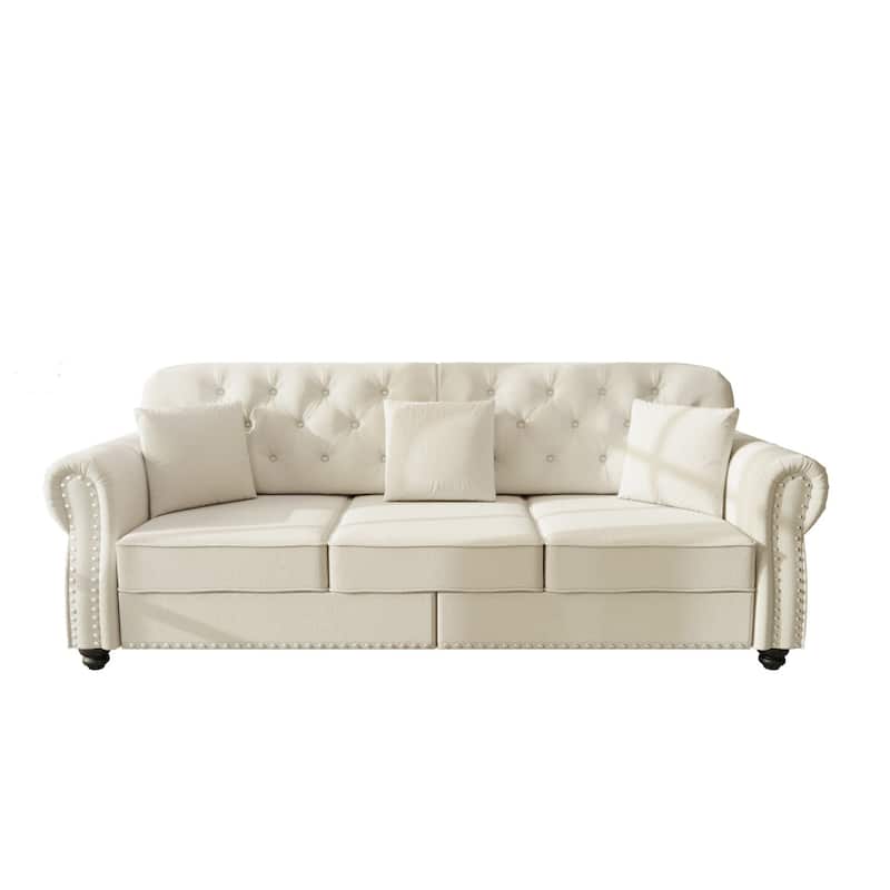 82.6" Velvet Sofa with Button Tufted, 3 Pillows and 1 Ottoman