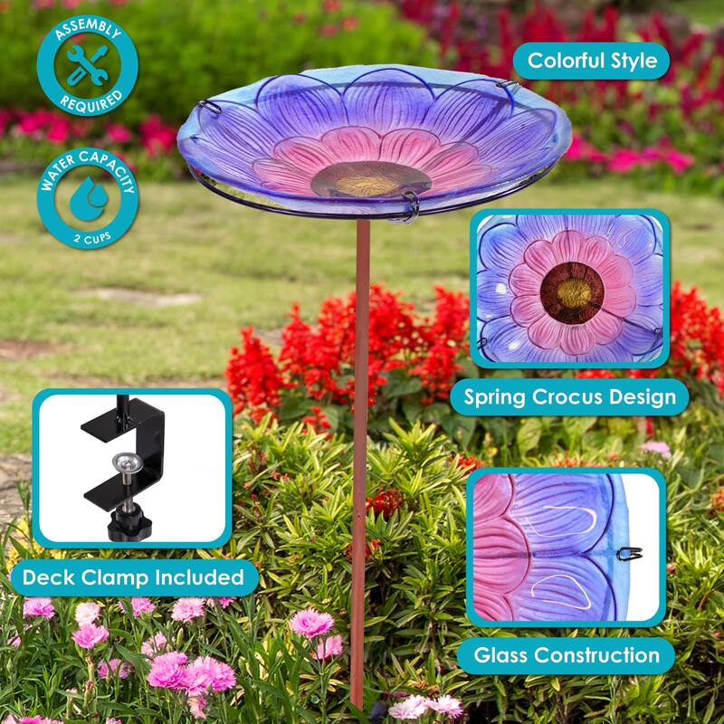 Deck-Mounted Glass Bird Bath with Stake