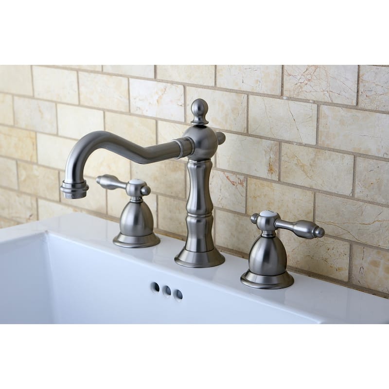 Tudor Deck Mount Widespread Bathroom Faucet with Brass Pop-Up