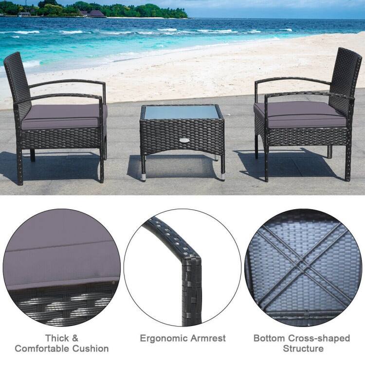 3 Pieces Patio Wicker Rattan Furniture Set with Cushion for Lawn Backyard - 19.5" x 19.5" x 15" (L x W x H)