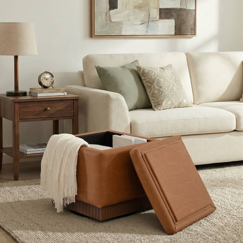 Swivel Storage Ottoman Bench Footstool with Flip-top and Acacia Solid Wood Frame, Fully Assembled