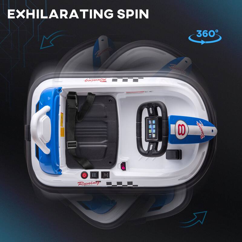 360° Spin Toddler Bumper Car with LED Lights, Music, and Safety Belt, 6V Electric Ride-On for 18-48 Months - White