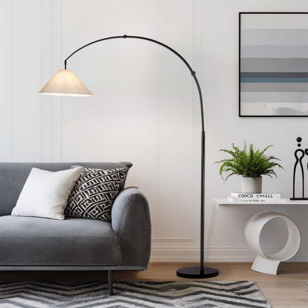Contempo Black Arc Floor Lamp with Beige Fabric Shade - N/A