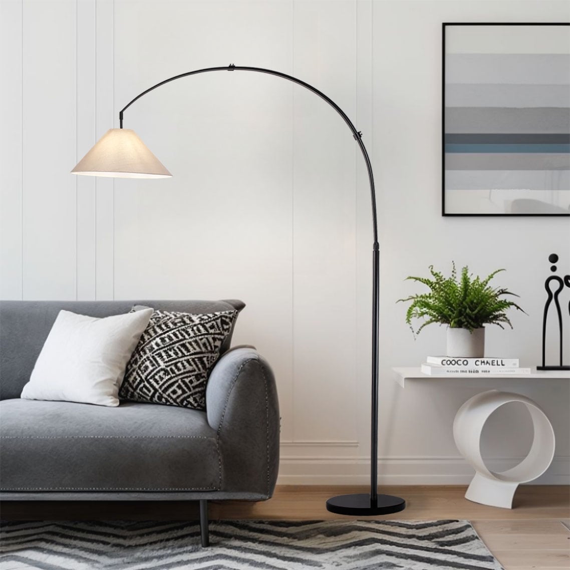 Contempo Black Arc Floor Lamp with Beige Fabric Shade