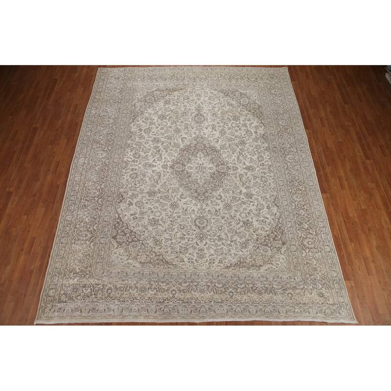 Hand Knotted Oriental 100% Wool Carpet Traditional Floral Beige & Ivories Mashad Area Rug - 12' 1'' X 9' 5''