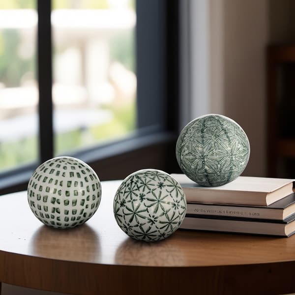 slide 2 of 8, Sagebrook Home Set of 3 Ceramic Ball 4" Set of Green and White Decorative Round Table Orbs - 4" x 4" x 4" 4" x 4" x 4" - Abstract Blue