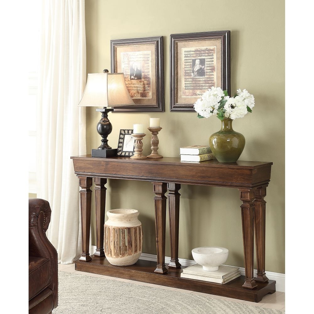 Vintage Console Table with Base Shelf, Wooden Top