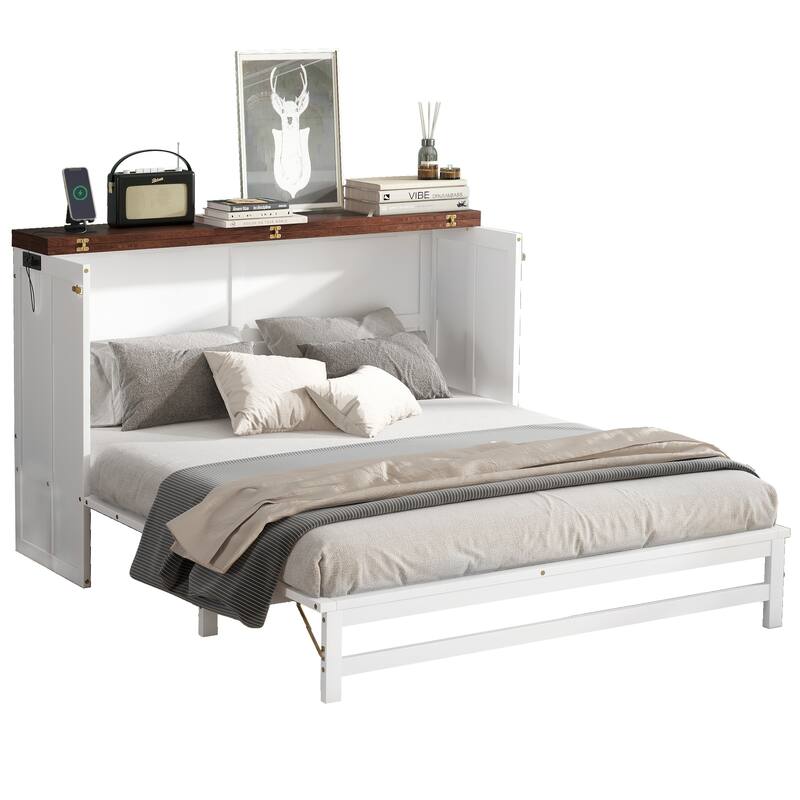 Roomfitters Queen Bed Cabinet with Storage Compartment & Charging Station, USB Ports, Solid Pine Space Saving Bed, White Walnut