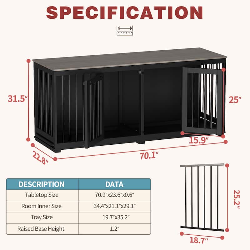 70'' W Dog Crate Furniture, Dog Kennel Furniture with Divider & trays