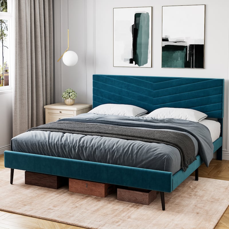 Upholstered Platform Bed Frame with Adjustable Headboard - Blue - King