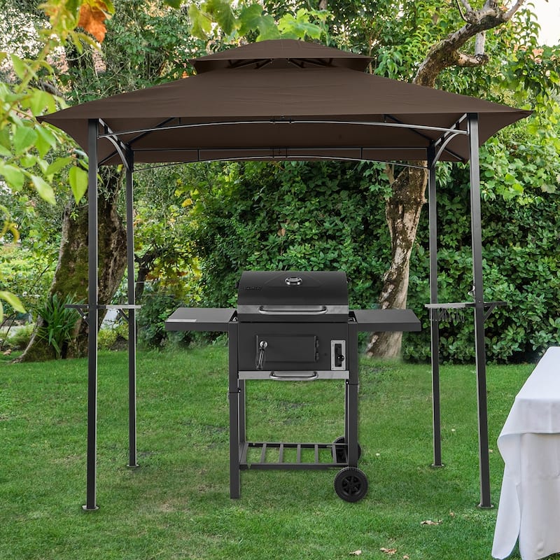 Outdoor Grill Gazebo 8 x 5 Ft Double Tier Soft Top Canopy and Steel Frame - Brown