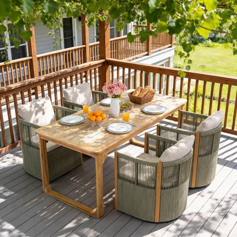 Christopher Knight Home - Ronan Outdoor Acacia Wood Dining Set with Swivel Rope Armchairs & Curved Leg Dining Table, Teak Finish - 5-Piece-Light Grey+Beige