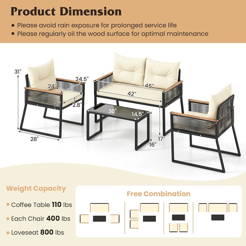 Costway 4/8 PCS Patio Furniture Set with Tempered Glass Coffee Table
