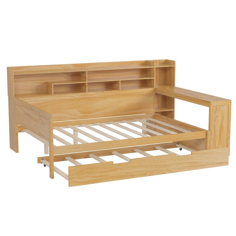 Wooden Daybed Platform Bed with Recessed Desk Storage Shelves and Twin Size Trundle Bed Under Bed for Compact Spaces, Bedroom