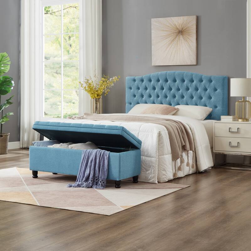Linen Fabric Tufted Button Storage Bench with Spindle Wooden Legs