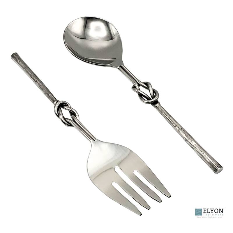Elyon Reef Knot Reflective Silver Salad Serving Set Indian Artisan-Made Hostess Set Hand-Forged Stainless Steel 2 Pieces