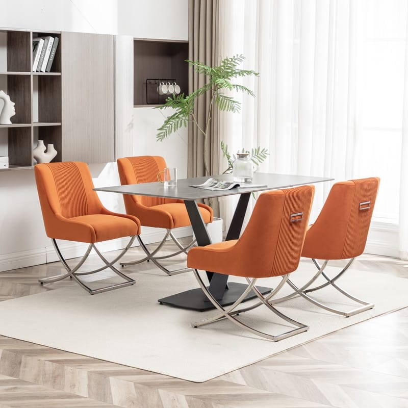 Modern Contempoary Velvet Dining Chair Set of 4 with Metal Frame Legs and Back Pull - Orange