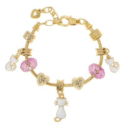 Victoria Townsend Gold Plated White Enamel Cat & Heart Family Charm Bracelet