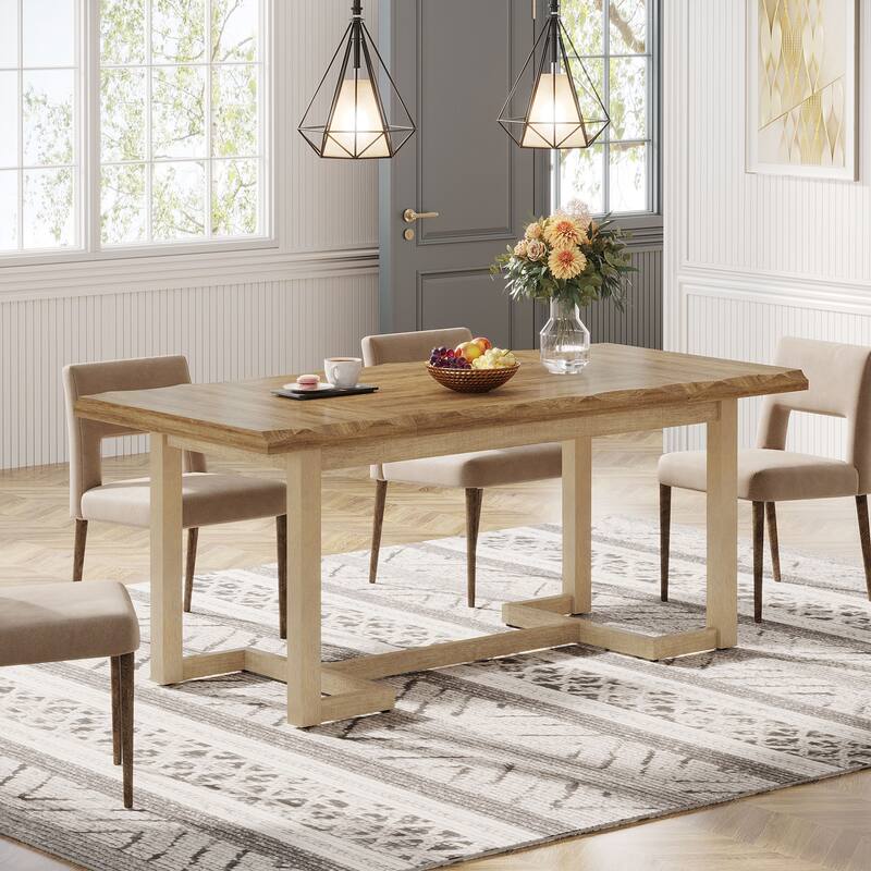 Rectangular Wood Dining Table with Solid Wood Legs, Kitchen Table for Dining/Living Room