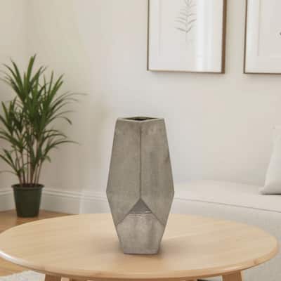 Accent Flower Vase, Geometric Stone Design 20 Inch Silver Gray Ceramic