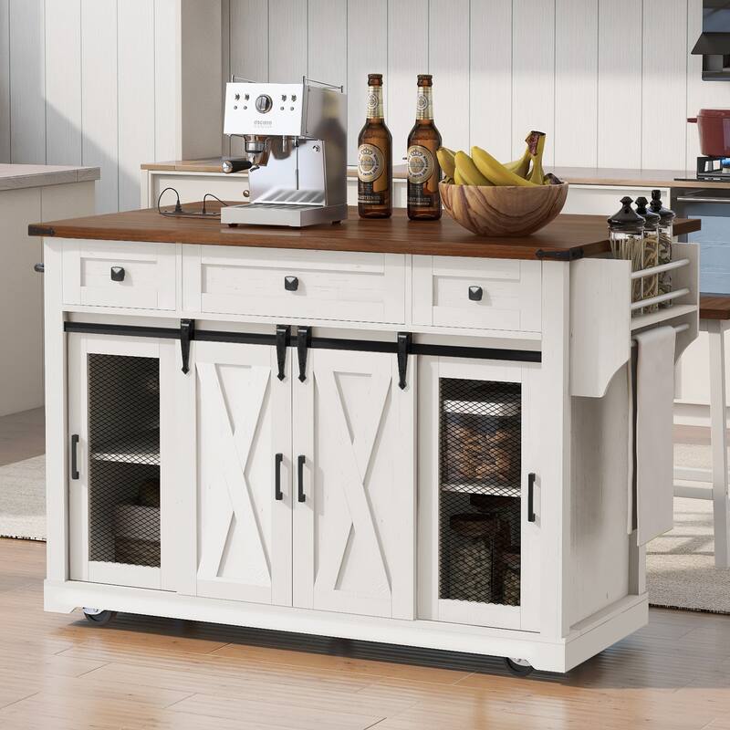 Farmhouse Kitchen Island with Storage, Rolling Kitchen Island on 5 Wheels with Spice Rack