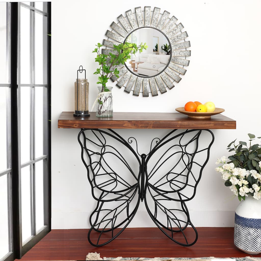 Butterfly Black and Brown Metal and Wood Accent Table - 31.25" H x 40.75" W x 16" D