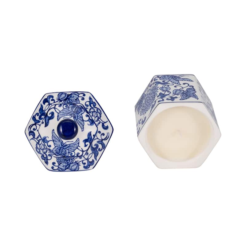 Sagebrook Home Ceramic Sandalwood Myrrh Candle, Chinoiserie Design 7" 7OZ - 4" x 4" x 7"