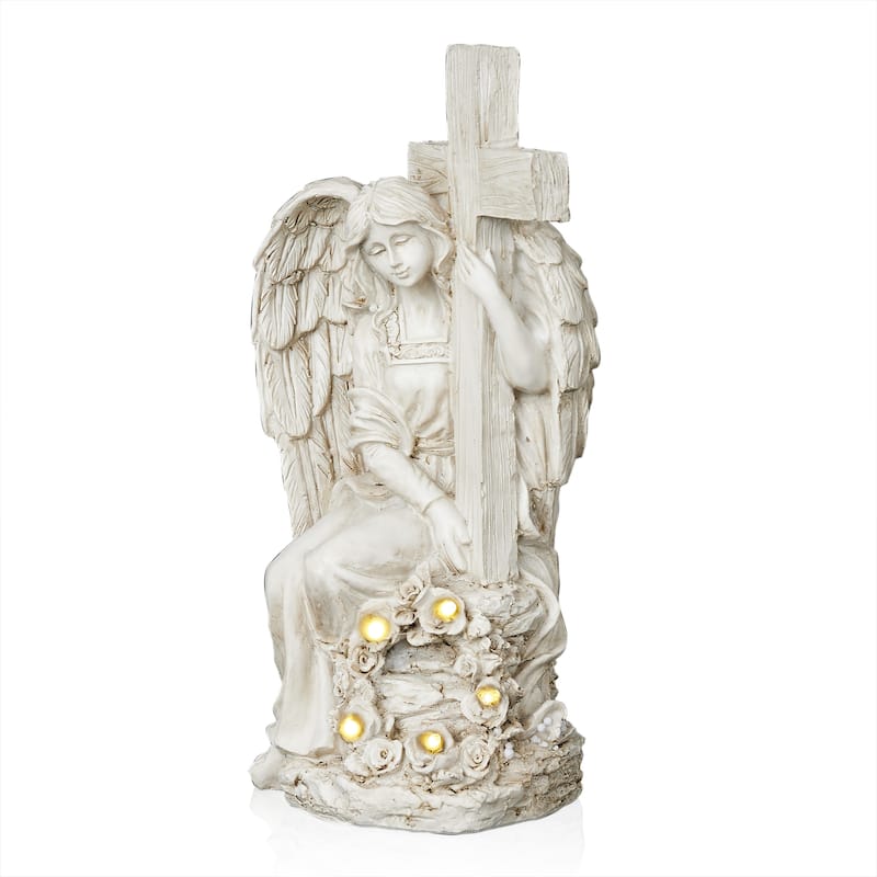 Solar Angel Holding Cross Statue with LED Lights