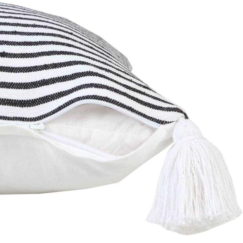 20" White and Black Striped Tassels Square Throw Pillow