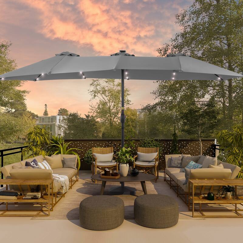 BONOSUKI 15x9ft LED Double-Sided Patio Umbrella Aluminum Large Canopy - Grey