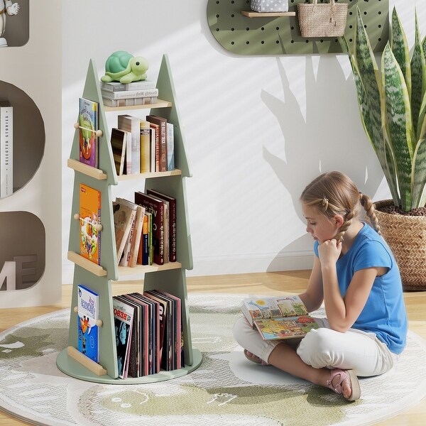 Green Natural Pine Wood Rotating Kids Bookshelf 360-degree Spin