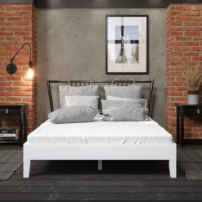 Full Size Wood Platform Bed with 28-Slat Support System - White
