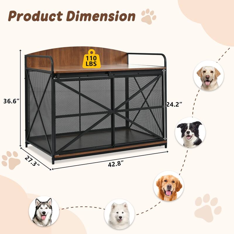 Wood Large Dog Crate Furniture with Curved Back Panel and Sliding Door, Dog Kennel Indoor End Table, Decorative Pet House