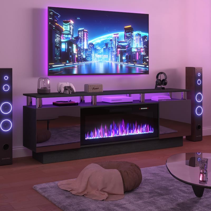 BOSSIN 70" Modern Electric Fireplace TV Stand, with Electronic Flame and LED Lights, High Gloss Finish Entertainment Center - Black