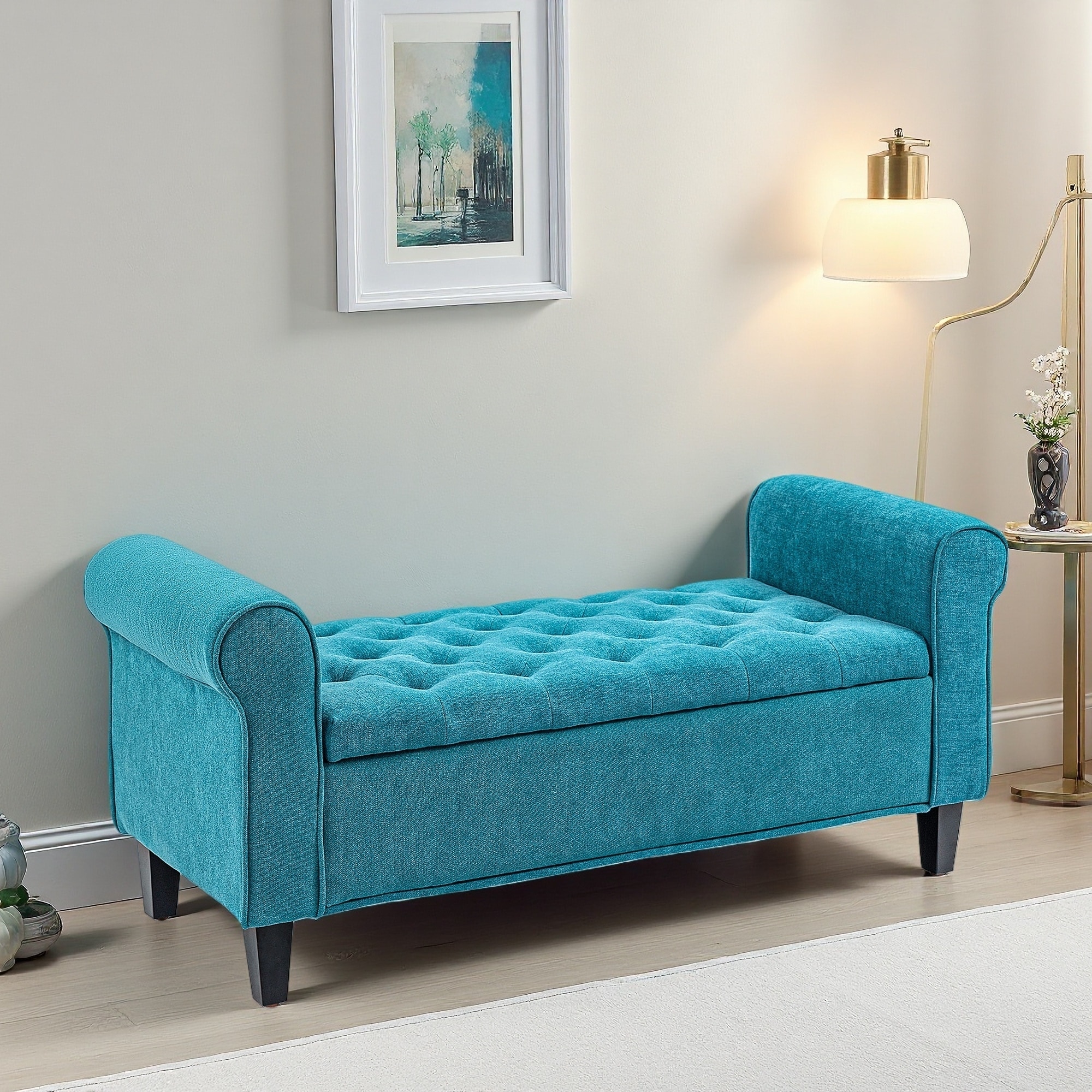 49.5"L Upholstered Storage Ottoman Bench with Rolled Arms, Button Tufted Cushion Wood Legs, End of Bed Bench with Hidden Storage
