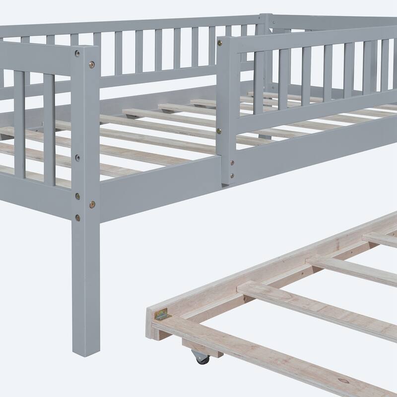 Twin Size Wood Daybed with Trundle and Fence Guardrails