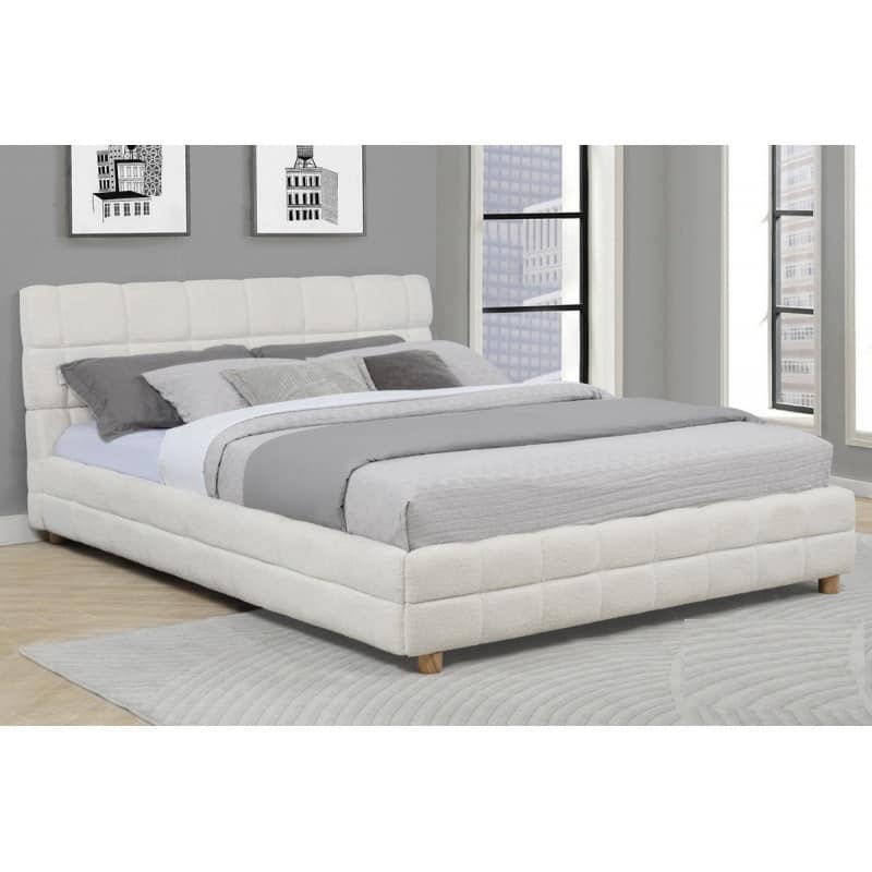 Queen Size Platform Bed with Fleece Upholstery and Grid-Patterned Headboard, White - White