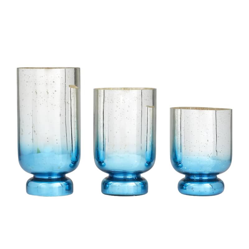 Glass Pillar Hurricane Lamp with Ombre Effect and Gold Interior - Set of 3 Silver, White, Blue - Roche River Decor - Silver - 12", 10", 8"H
