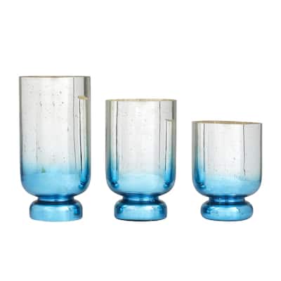 Glass Pillar Hurricane Lamp with Ombre Effect and Gold Interior - Set of 3 Silver, White, Blue - Roche River Decor