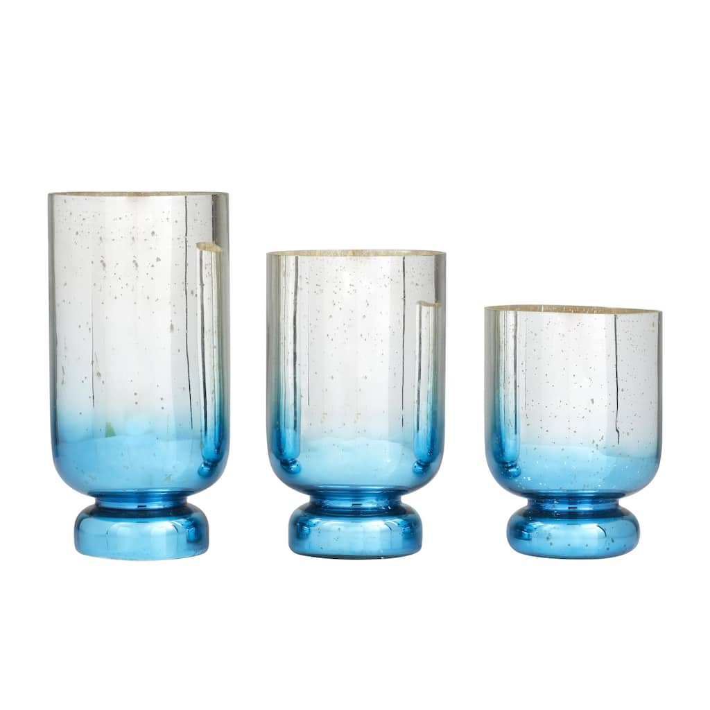 Glass Pillar Hurricane Lamp with Ombre Effect and Gold Interior - Set of 3 Silver, White, Blue - Roche River Decor