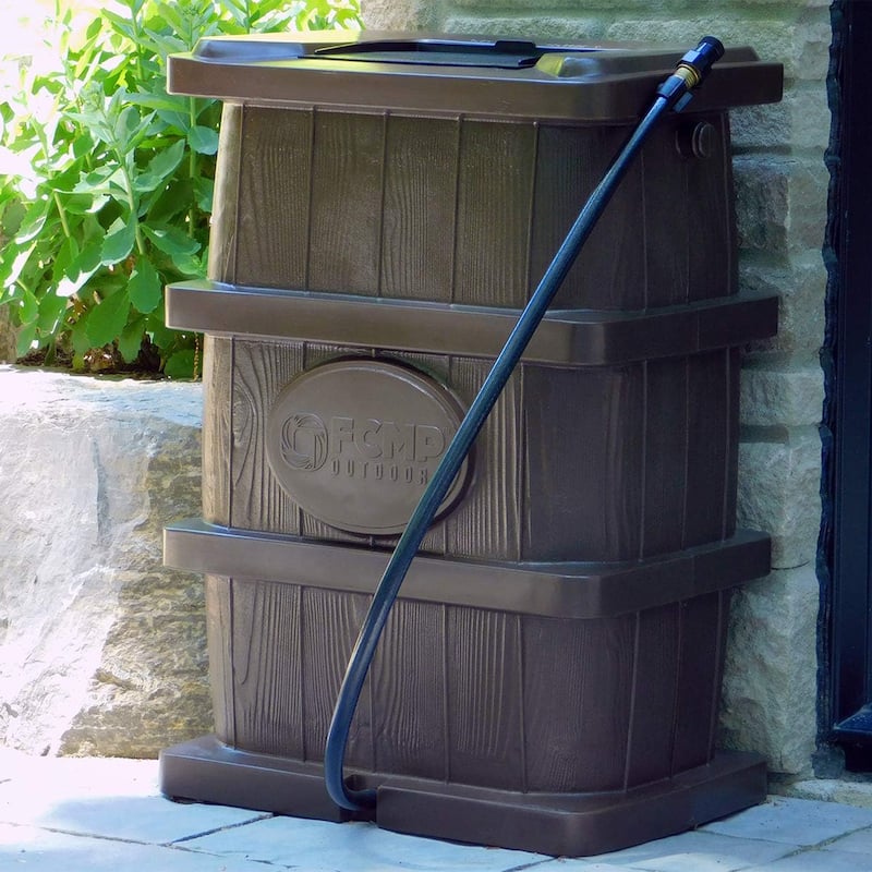 FCMP Outdoor WG4000 45 Gal Wood Grain Rain Water Catcher Barrel Container, Brown - 17 x 22 x 32 inches