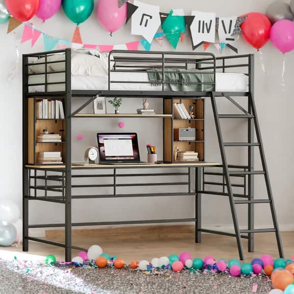 slide 2 of 22, Modern Twin Size Loft Bed With Desk And Storage Shelves And Ladder And Safety Guaranteed Black