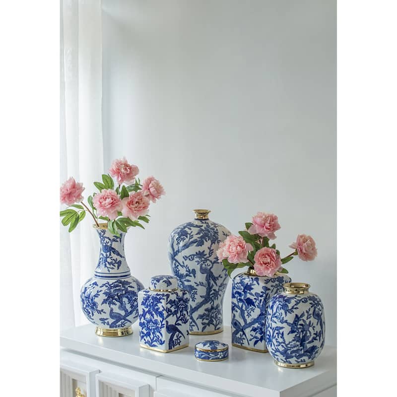 Large Chinoiserie Floral and Bird Porcelain Vase 16" White and Blue