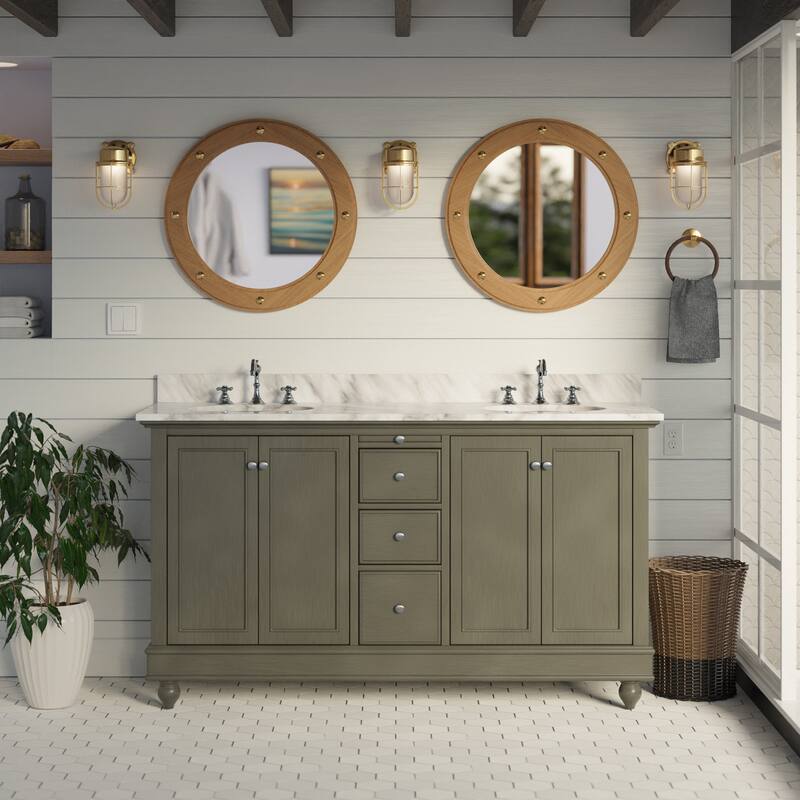 KitchenBathCollection Bella 60" Double Bathroom Vanity with Carrara Marble Top