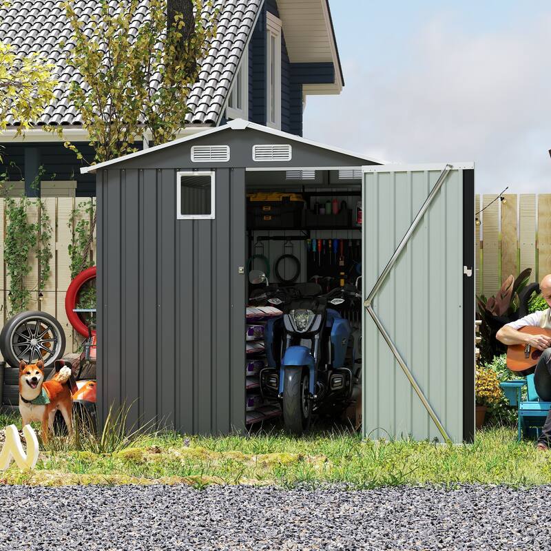 6x8FT Outdoor Steel Storage Shed with Clear Window, Lockable Doors, Compact Metal Tool Shed for Garden