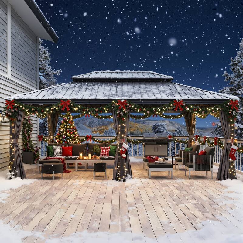 PURPLE LEAF Outdoor Galvanized Steel Hardtop Gazebo, Aluminum Frame Gazebo With Curtains