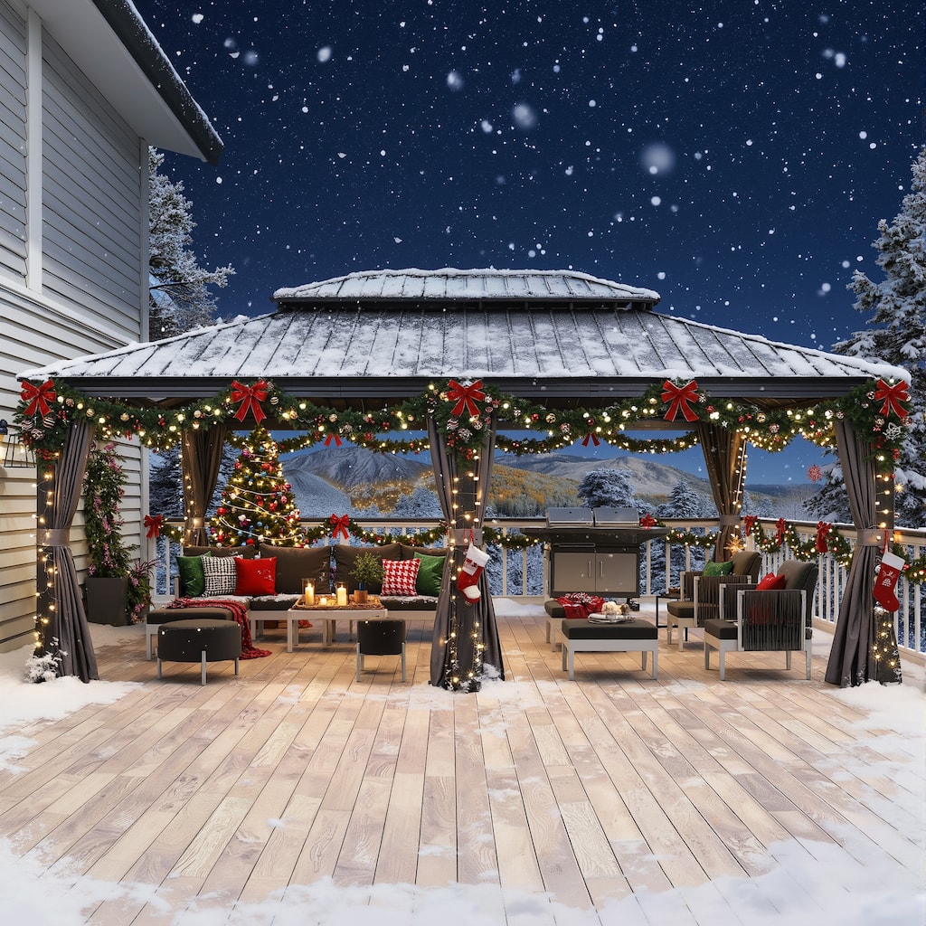 PURPLE LEAF Outdoor Galvanized Steel Hardtop Gazebo, Aluminum Frame Gazebo With Curtains